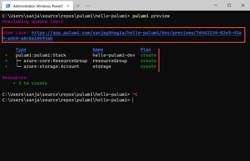 Pulumi preview